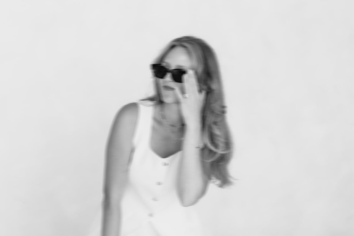 Alex in sunglasses, black and white